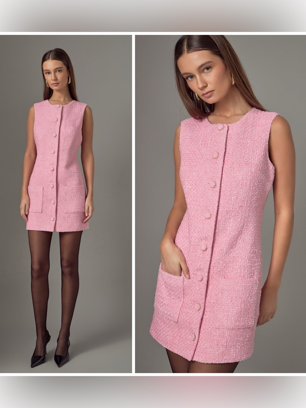 Endless Rose Pink Tweed Mini Dress Sleeveless Button Front Pockets Size Large - Picture 4 of 12
